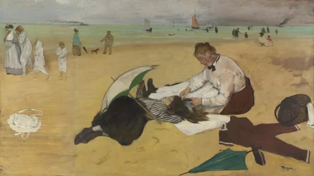 Beach Scene: Little Girl Having Her Hair Combed by Her Nanny